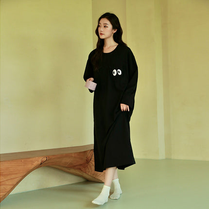 Women's Pure Cotton Long-Sleeved Nightgown, High-End, Black, Large Size, Can Be Worn Outside, Spring and Autumn, Women's Nightgown with Breast Pads