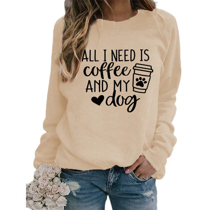Foreign trade supply all I need is coffee printed crew neck top sweater European size ladies coat long sleeve
