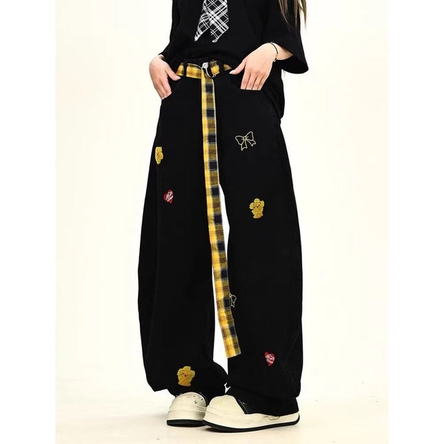 Plaid Belt Cartoon Embroidery Design Jeans for Women 2025 Summer New Loose Wide-Leg Floor-Length Pants