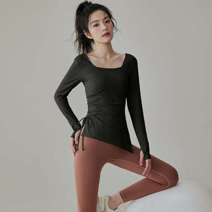 Yoga Suit with Chest Mat Long Sleeve Women's Drawstring Sports Top Professional Autumn and Winter Running Pilates Training Fitness Suit