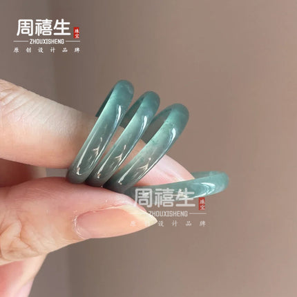 Wholesale Natural A-Grade Blue Jade Ring Plain Band Women's Tail Ring Jade Men's Niche Design Index Finger Couple Ring