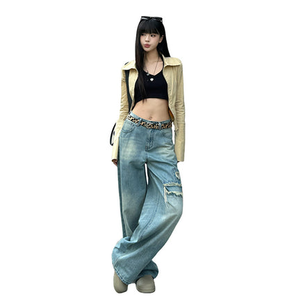 Bumi House# Retro Ripped Jeans Women's 2025 Spring New Straight Loose High Waist Design Mop Pants
