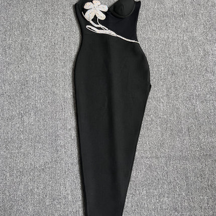 European and American Cross-border Trendy Brand Light Luxury Heavy Industry Nail Drill Bandage dress Hot Girl Sexy Sling Slip Split Small Black Dress