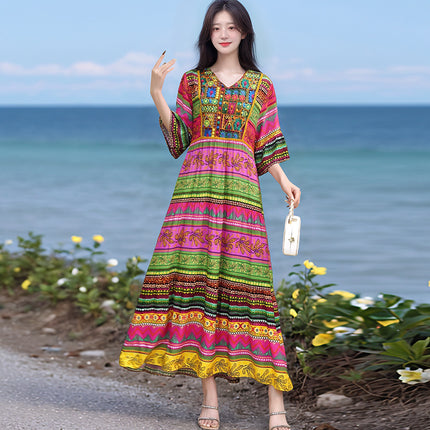 Amazon Cotton Silk Beach Dress Ethnic Style Large Swing Dress V-Neck Mid-Sleeve Dress Embroidered Vintage Floral Long Dress