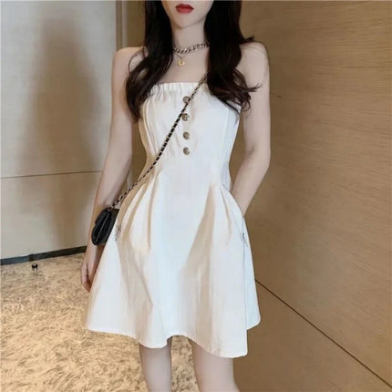 2025 summer new gentle wind can be salt can be sweet off-shoulder small waist slim long sling dress