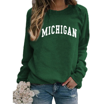 Cross-border supply of European and American foreign trade MICHIGAN printed crew neck sweater top women's coat autumn and winter European size