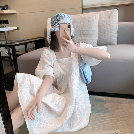 Cream Puff Princess Dress Summer Season Girl Puff Sleeve Waist White French Square Neck Elegant dress Children