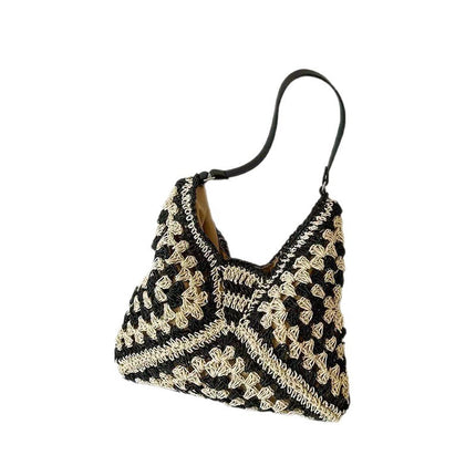 Straw Bag Women's Large-Capacity Bag New Chinese Style Color Matching Shoulder Bag Summer Seaside Vacation Bag Woven Bag Armpit Bag