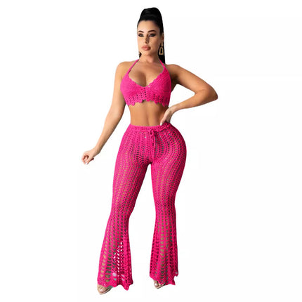 AJ4362 European and American Women's Wear Hollow Perspective Two-piece Set Beach Style Grid Pure Handmade Hook Sexy Fashion Suit