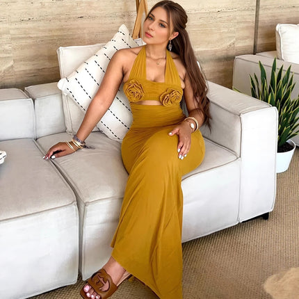 European and American women's clothing 2024 autumn sweet fresh hanging neck three-dimensional flower decorative high waist one-step skirt dress dress