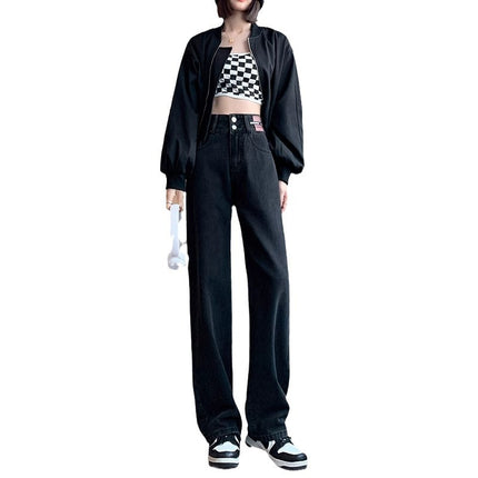 Black Grey fleece-lined Wide Leg Jeans Women's Autumn and Winter Trendy All-match New High Waist Loose Slimming Straight Pants