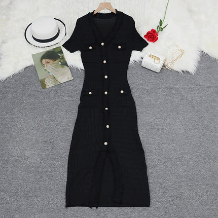 S Brand European and American Cross-Border Spring/Summer New V-Neck Short-Sleeve Dress 2026 French Socialite Women's Clothing Waist-Cinching Slit Long Dress