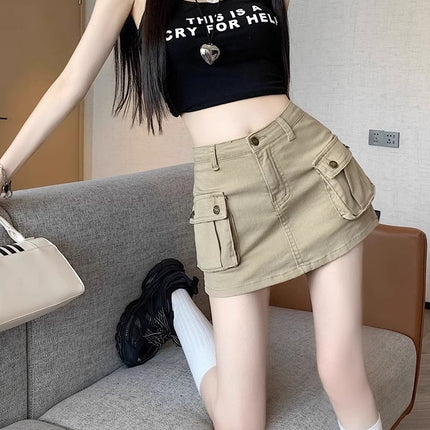 Khaki High-Waisted Slim-Fit Bodycon Mini Skirt for Women, 2025 Autumn New American Style Skirt Ins