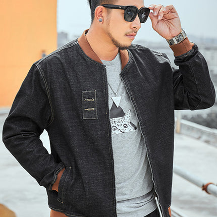 Plus Size Men's Loose Denim Jacket Plus Fat Enlarged Elastic Fat Men's Baseball Uniform Korean Style Fat Jacket Trendy Top