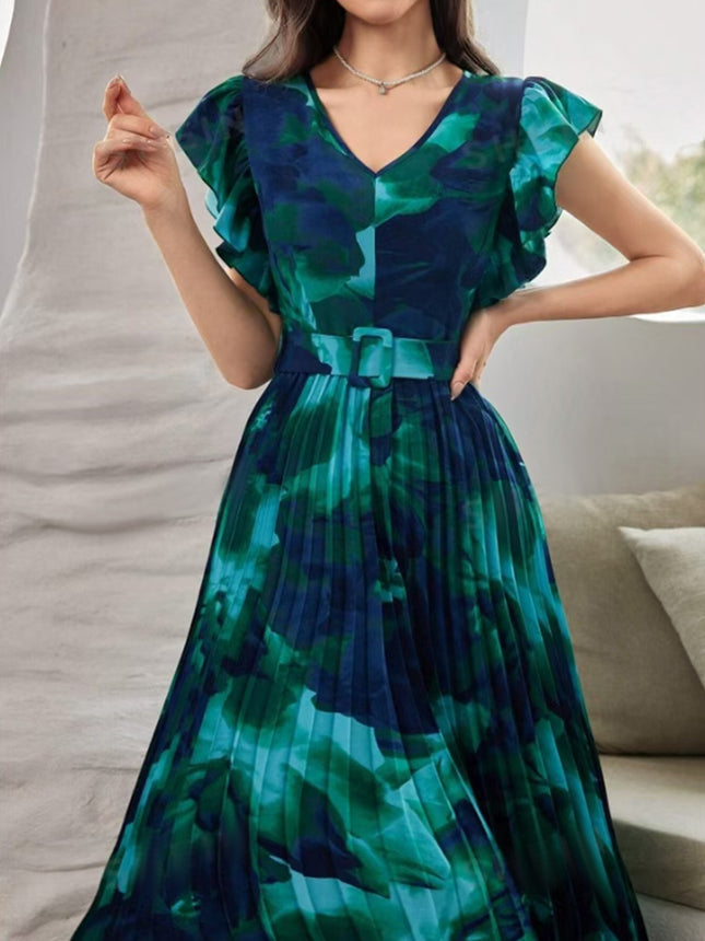 Amazon Summer Ear Stitching Belt Buckle Decorative Pleated Waist Tie-Dye Vintage Printed dress
