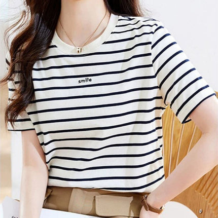 Korean Style Fashionable Half-Sleeved Women's Summer Black and White Stripesd Short-Sleeved T-Shirt Hong Kong Style Stitching Contrasting Color Bottoming Top Ins Half-Sleeved