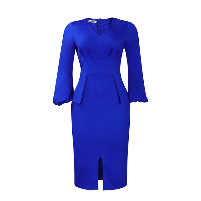 D354 Amazon European and American Women's V-neck Puff Sleeve Split Dress office Pencil Skirt African Dress