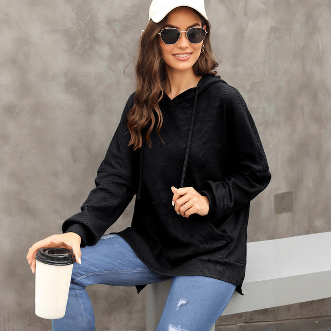 Shiying Pure Color Long-Sleeved Sweatshirt Women's Hoodie Textured Knitwear Slit Top Cross-Border Women's New Style