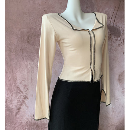 Autumn New Open Line Design Sense Half-open Collar Long-sleeved T-shirt Women's Chic Niche Split Lapel Spice Girls Short Top