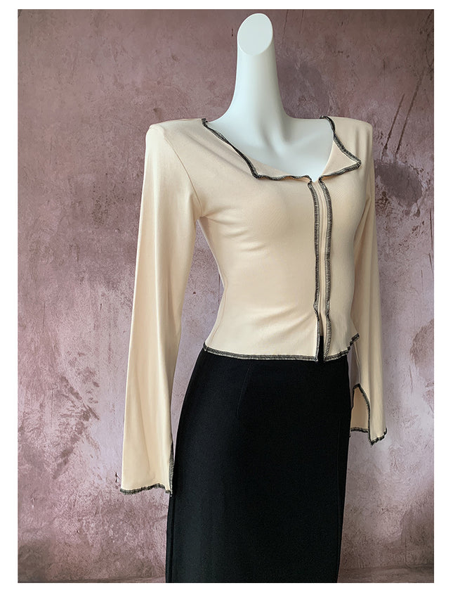 Autumn New Open Line Design Sense Half-open Collar Long-sleeved T-shirt Women's Chic Niche Split Lapel Spice Girls Short Top