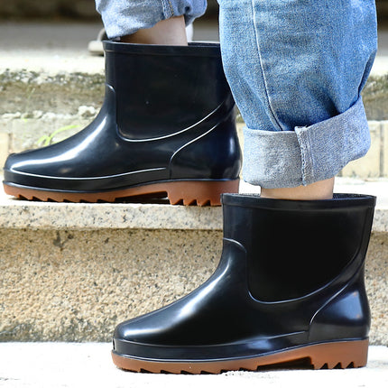 Low Heel Round Toe Wear-resistant Plastic Rain Boots Autumn Non-slip Short Tube Cotton Rain Boots Special PVC Beef Shoes for Men