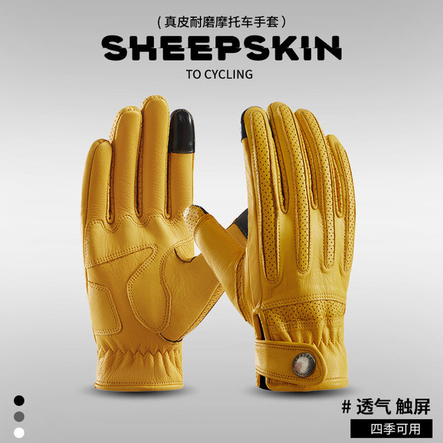 Korean Motorcycle Gloves Summer Touch Screen Shock-Absorbing Breathable Retro Sheepskin Electric Vehicle Bicycle Riding Gloves