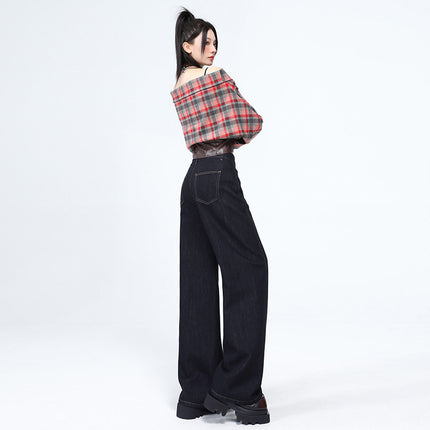 Denim Color Pocket Design High-Waisted Jeans for Women, 2025 Spring and Autumn New Style, Loose Fit, Slimming, Floor-Length Wide-Leg Pants