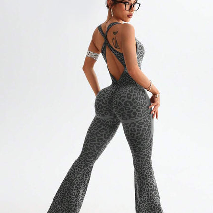 Hot-Selling Leopard Print Flared Jumpsuit in Stock, Amazon Yoga Jumpsuits, Hot-Selling Yoga Jumpsuits Wholesale