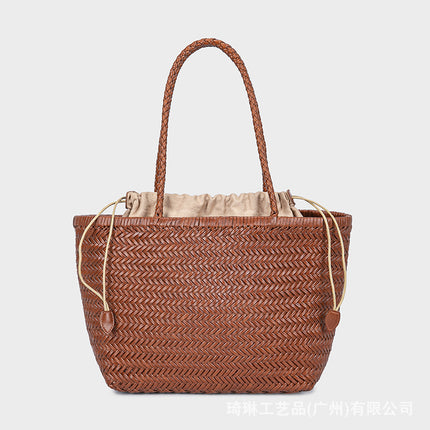 Dragon Same Style Woven French Cowhide Vegetable Basket Bag Hot Selling Genuine Leather Handbag Women's Large Capacity Vintage Women's Bag