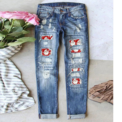 Cross-Border Amazon Hot-Selling European and American Women's Ripped Printed Patch Jeans Mid-Waist Straight Pants in Stock
