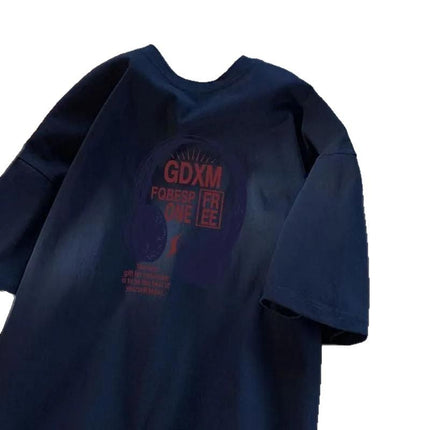 Ins Trendy Brand Headphone Printed Heavy Cotton Short-Sleeved T-Shirt Men's American Retro Summer Loose Round Neck Short-Sleeved T-Shirt