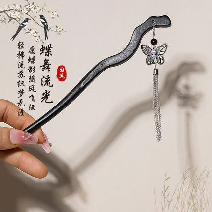Antique Hairpin Tassel Step Wooden Hairpin Imitation Ebony Headwear Disc Hair Han Clothes Accessories Hair-pulled Ancient Clothes Hair Women