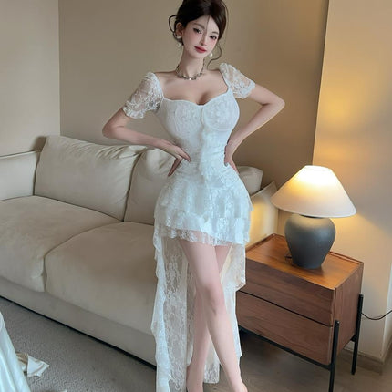 Nightclub Clothes 9210 Sexy Lace Female Technician Long Skirt Ladylike Elegant Cut Out Asymmetrical Low-Cut Dress