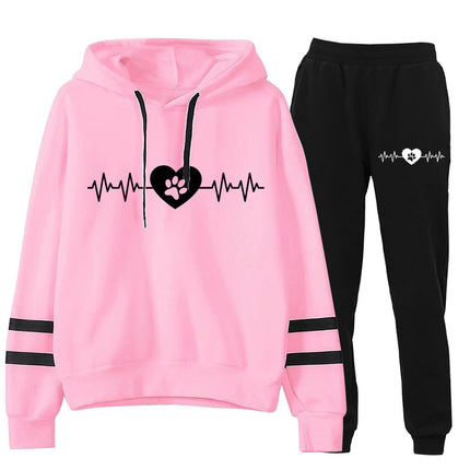 Amazon cross-border supply Europe and the United States electrocardiogram dog feet love printed sweater parallel bars hooded pants suit