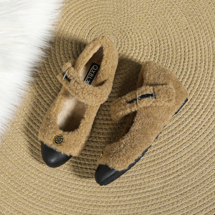 Small fleece-lined Warm Mao Mao Shoes Winter Outer Wear Inner Height Increase Mary Jane Women's Shoes Round Head Camellia Cotton Shoes Women