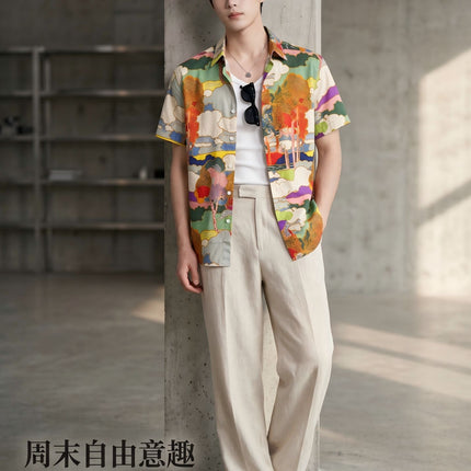 Light Luxury Handsome Men's Clothing Men's Trendy Versatile Shirts Digital Printing Men's Short-Sleeved Shirts Light Luxury and High-End