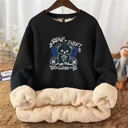 Fleece-lined thickened sweater men's winter Youth student 2022 new best bear printed round neck lambswool top