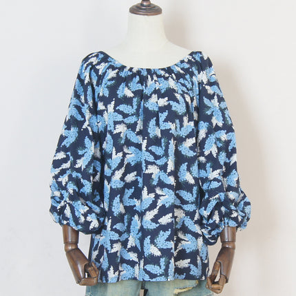 Off-shoulder French floral top women's washed cotton loose sweet off-shoulder holiday Women's cropped lantern sleeve shirt