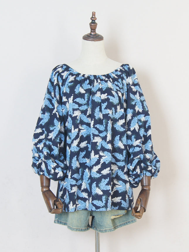 Off-shoulder French floral top women's washed cotton loose sweet off-shoulder holiday Women's cropped lantern sleeve shirt