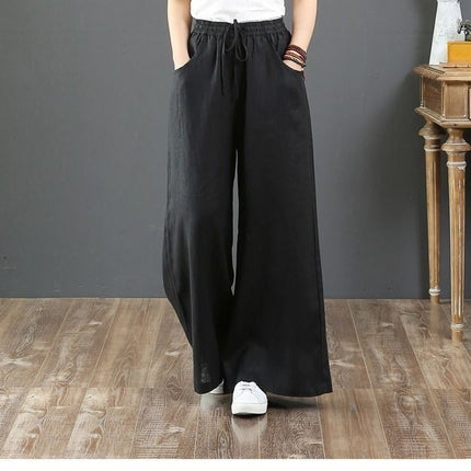 2024 Spring/Summer Literary Cotton and Linen Feel Women's Loose Plus Size Wide-Leg High-Waisted Floor-Length Pants