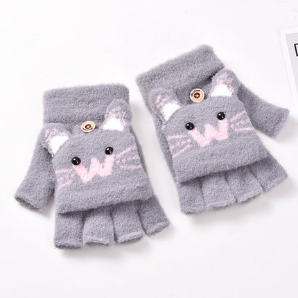Cute Kitten Cartoon Knitted Children's Half-Finger Flip-Up Gloves, Thickened and Warm, Autumn and Winter Korean Style Student Cold-Proof Gloves