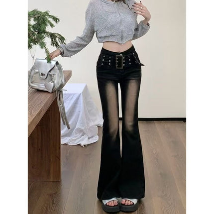 Vintage Blue Belted Flared Jeans for Women Trendy Versatile New High-Waisted Slimming Stretchy Butt-Lifting Wide-Leg Pants