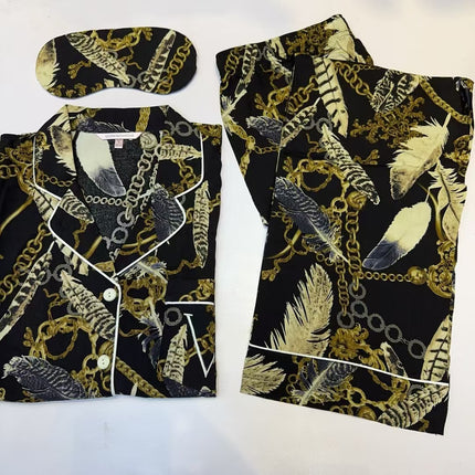 2025 Big-Name Catwalk Export Brushed Cotton Long-Sleeved Women's Pajamas Printed Casual French Outer Wear Home Clothes with Eye Mask