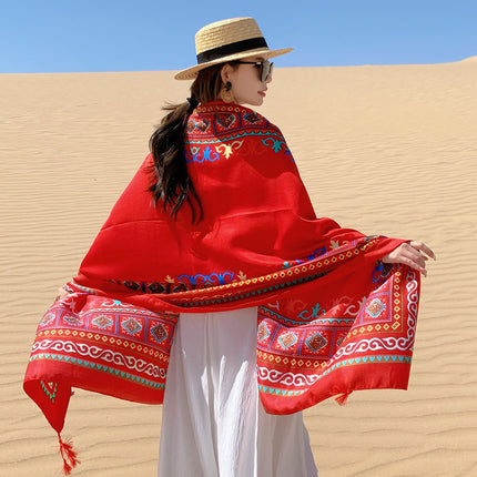 Ethnic Style Printed Silk Scarf Women's Seaside Travel Sun Protection Gauze Air Conditioning Warm Scarf Versatile Long Shawl