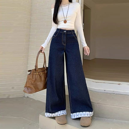American-Style Dark Blue Denim Wide-Leg Pants, New Cropped Plaid Patchwork Design, Petite Slimming Straight-Leg Floor-Length Pants