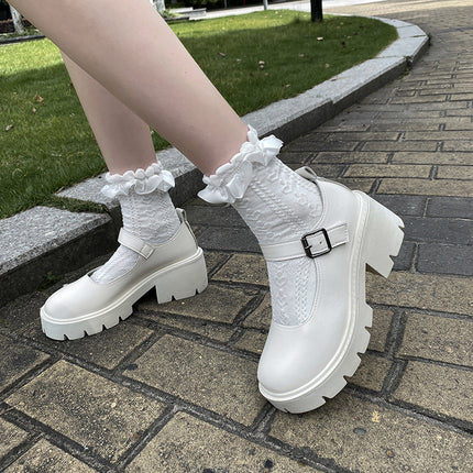 White Mary Jane Small Leather Shoes for Women 2023 Spring Thin Cosplay Thick Sole Thick Heel High Heel Japanese Style Jk Flats