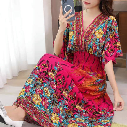 Cross-border ethnic style V-neck cotton silk short-sleeved beach skirt Thailand travel dress summer printed holiday floral skirt