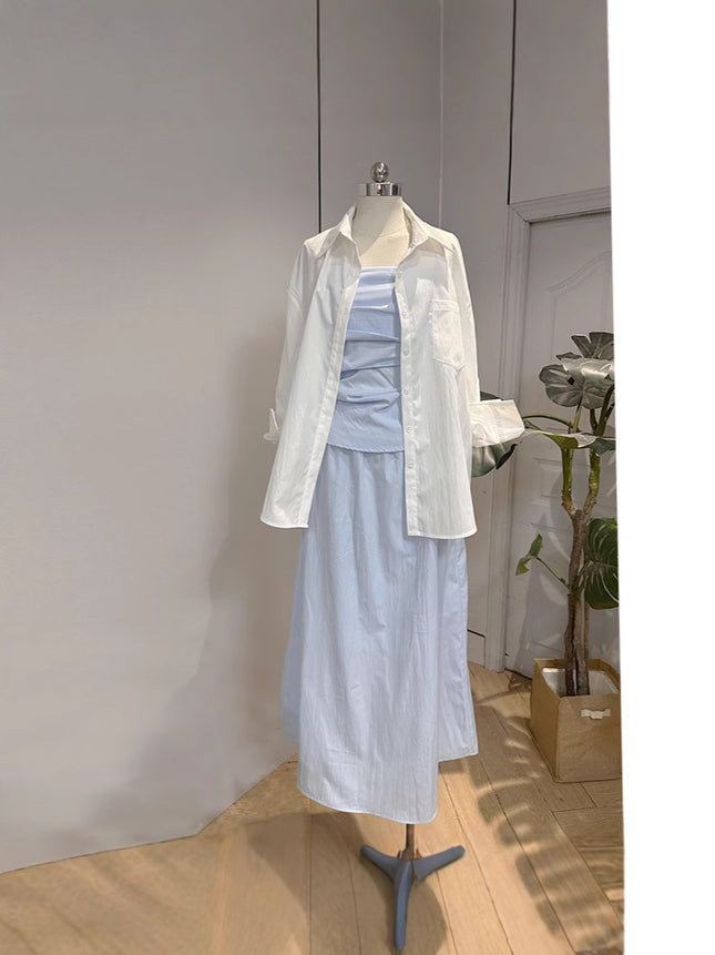 2025 Spring and Summer New Korean suit Shirt Strapless Top Skirt light blue