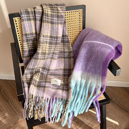Korean Style Plaid Purple Scarf Women's Winter Warm Neck Charm High-end Tassel All-match Shawl 2024 New Style