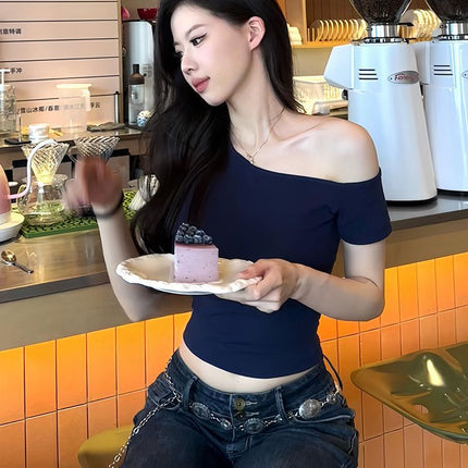 Pure Desire Style Off-Shoulder Short-Sleeve T-Shirt for Women, Summer Short Crop Top, Slim Fit, Stretchy, Versatile